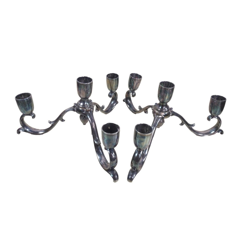 Vtg Pair Silver Plate Gothic Candelabras Candle Holders Patina Reed & Barton